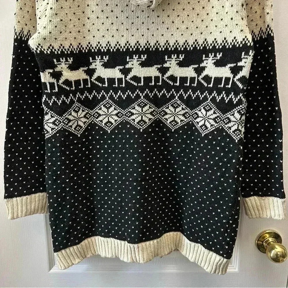 Hand Knit Cardigan Sweater Fair Isle Handmade Christmas Holiday Beige Black Smal - Picture 9 of 16